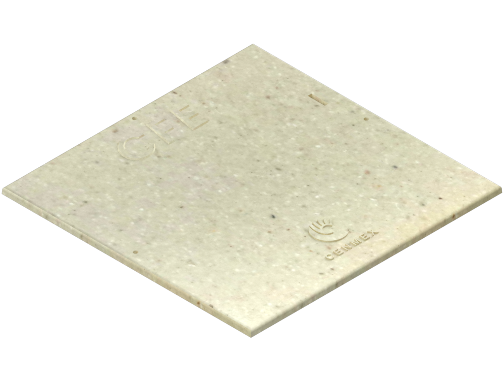 Tapa de concreto polimérico con logo de centrifugados mexicanos.