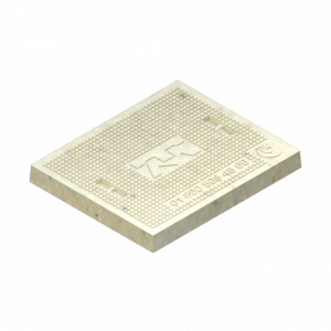 Tapa cuadrada de concreto polimérico con logo de Telmex