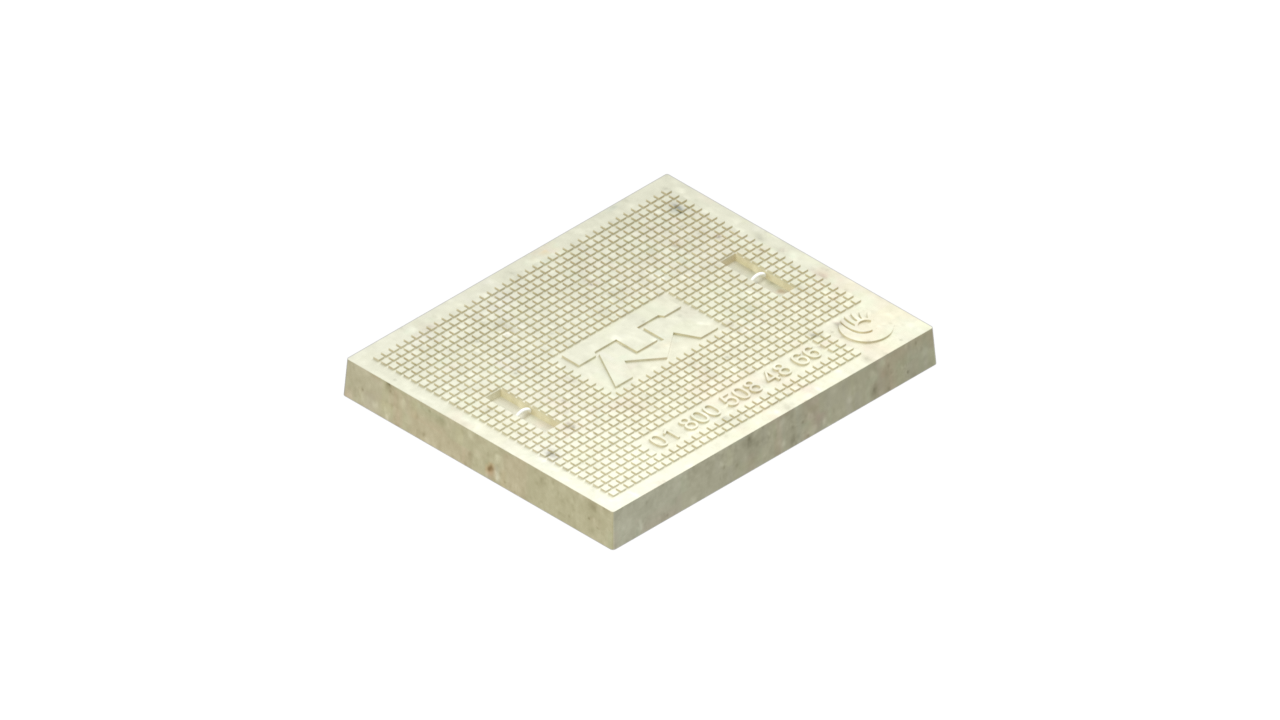 Tapa cuadrada de concreto polimérico con logo de Telmex