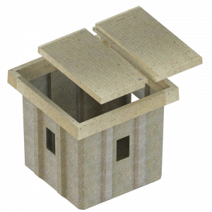 Vista isométrica de registro polimérico con dos tapas cuadradas