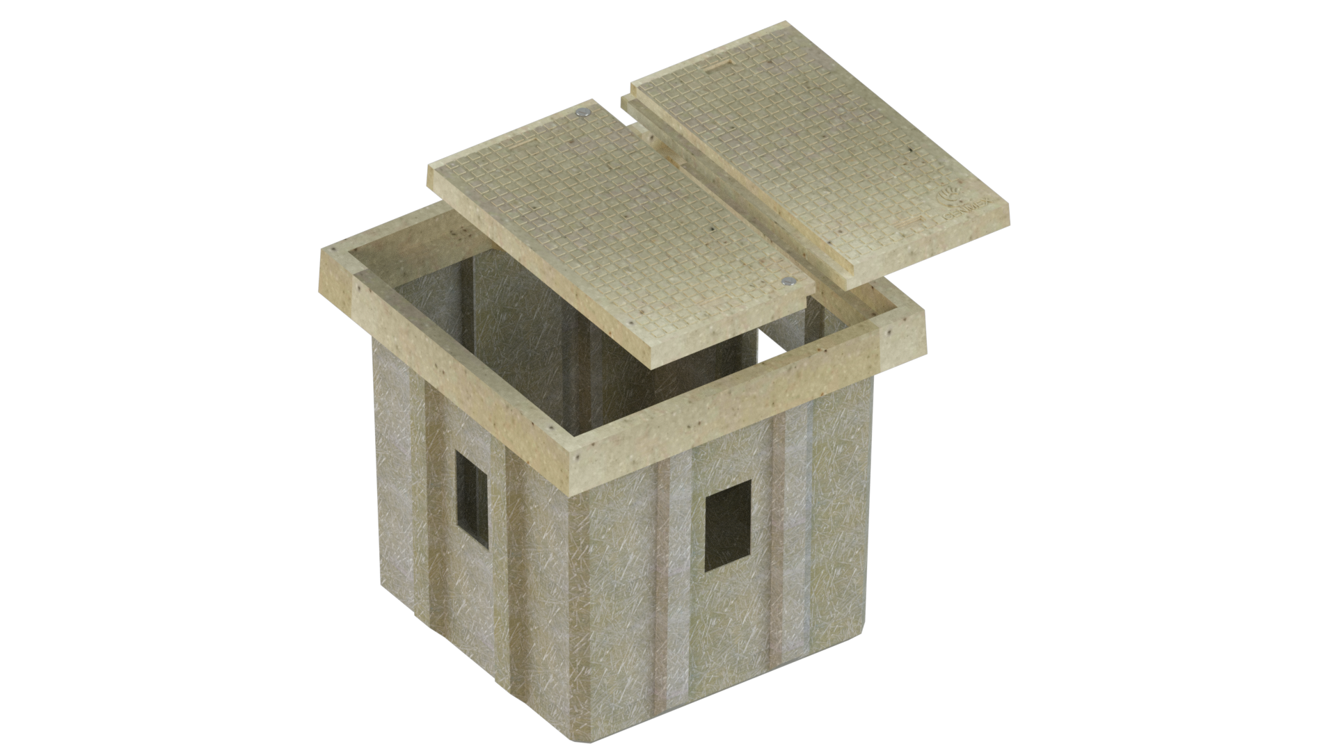 Vista isométrica de registro polimérico con dos tapas cuadradas