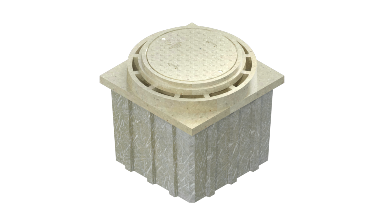 Vista isométrica de registro para fibra óptica con tapa redonda